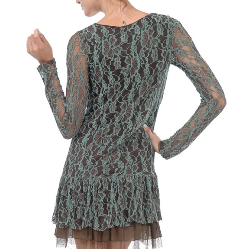 A"reve Anthropologie Womens Brown Turquoise Floral Lace Long Sleeve Lined Mini S - Picture 2 of 16